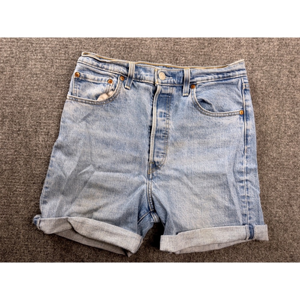 Levis Ribcage Straight Shorts 29 Blue Denim High Rise Big E Y2K Custom Cuffed 37